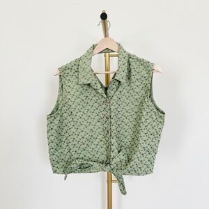 Vintage Faded Glory Green Floral Leaf Sleeveless Button-Up Top - XL
